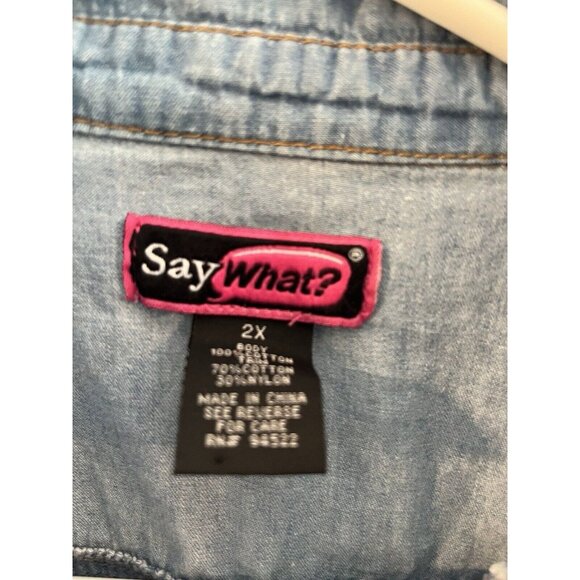 Say What? Denim Tattered Lace Chambray Pearl Button Up Shirt Top Womens 2X - Picture 4 of 7